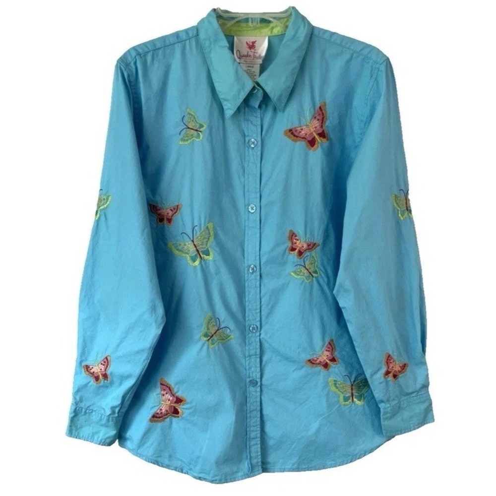Quacker Factory Embroidered Butterfly Shirt 1X Novelty Linen Cotton Aqua Blue